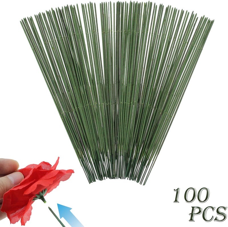 Vignor 100 Pcs Floral Wire Artificial Flower Stem Metal Bendable Plastic Fake Rose Stick Flores Eterna Twisting Rod Arrangement Supplies Wrapping DIY Craft (10 inch / 25 cm, Dark Green) - Image 1